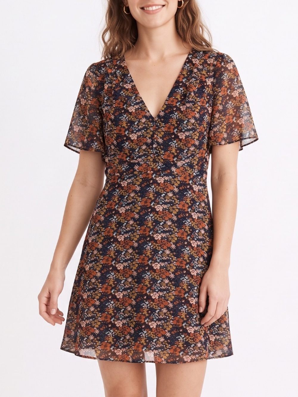 Madewell Flutter-Sleeve Empire Navy Mini Dress Ditsy Floral